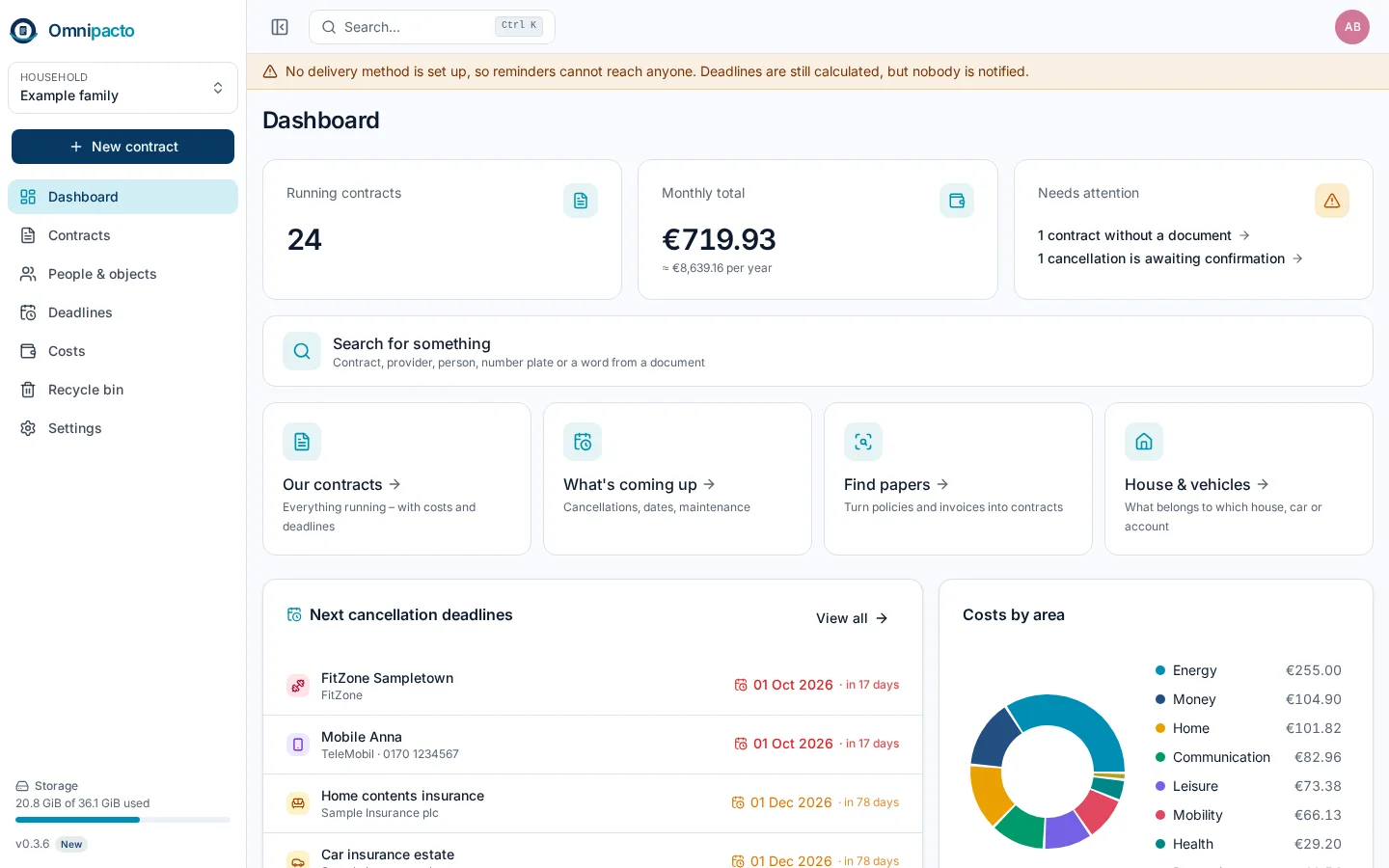 The Omnipacto dashboard: 23 active contracts, 719.93 € a month, the next cancellation dates and costs by category