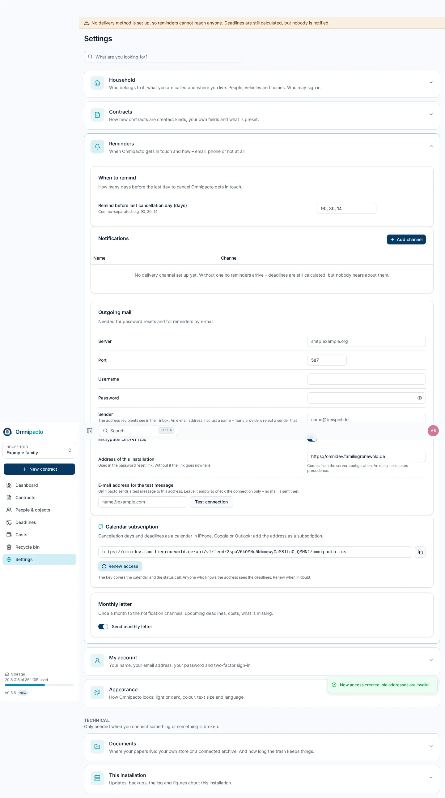 Settings: calendar feed, Home Assistant, backup, emergency dossier
