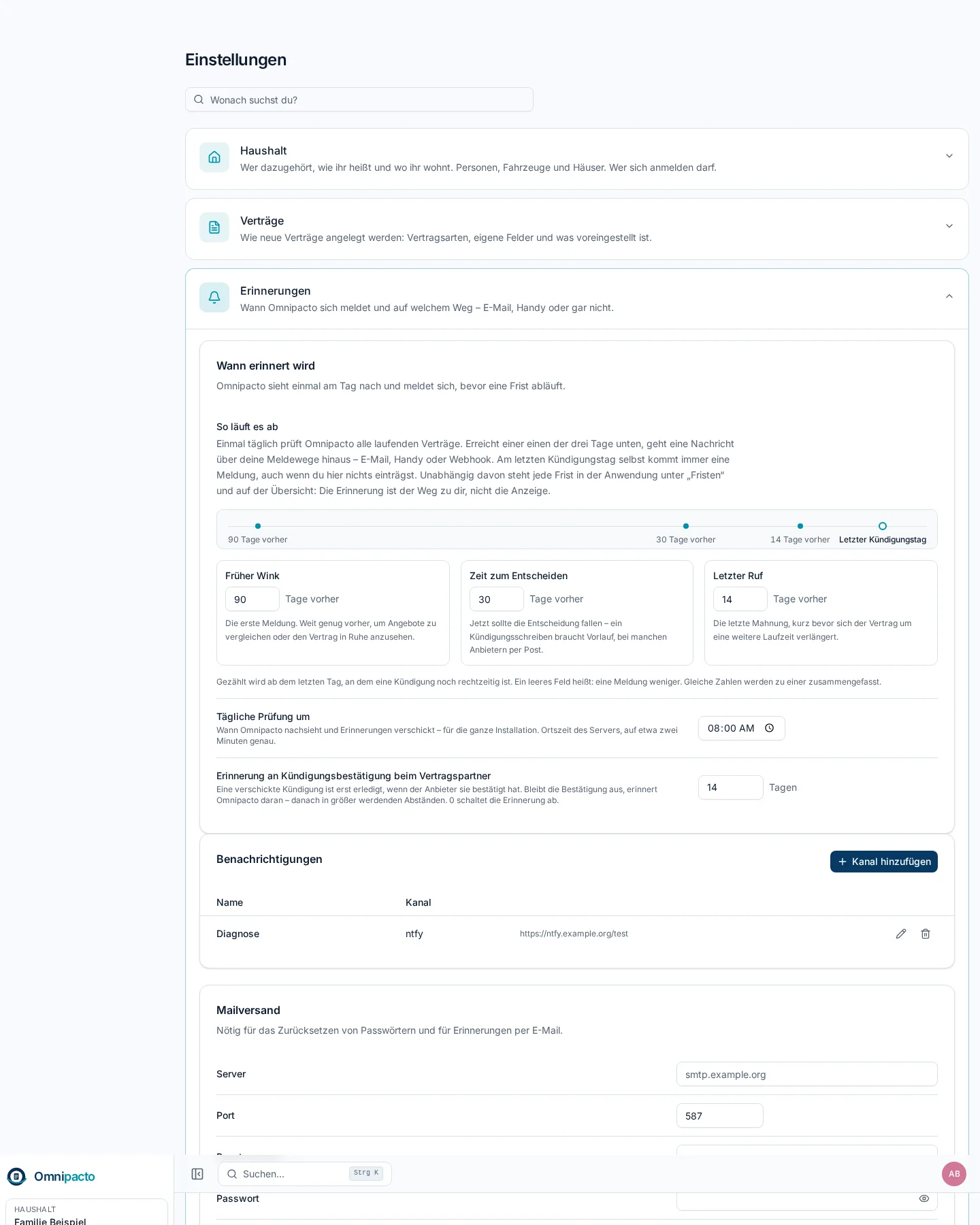 Einstellungen: Kalender-Abo, Home Assistant, Sicherung, Notfalldossier